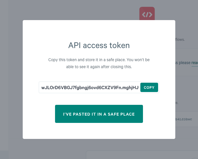API settings page with a modal open to copy the API token