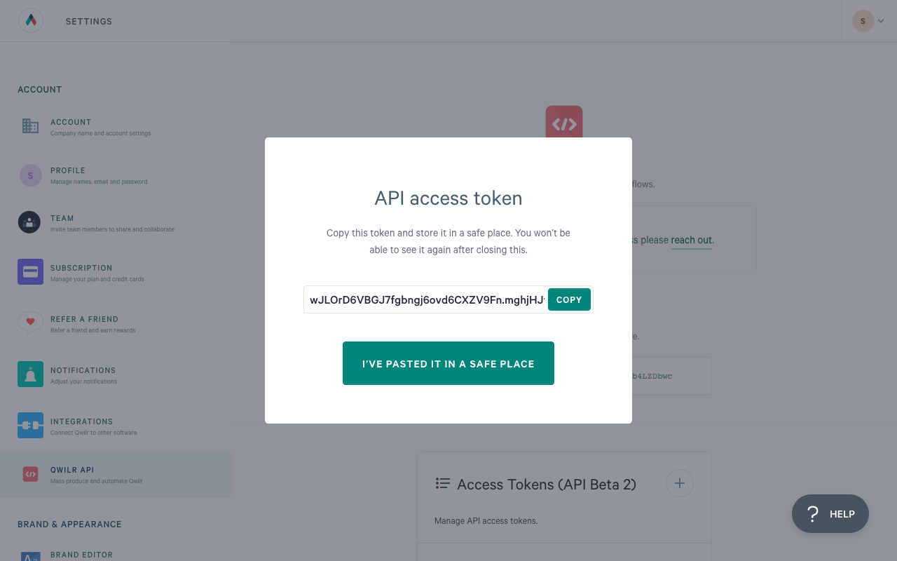 The access token modal in the Qwilr API settings page